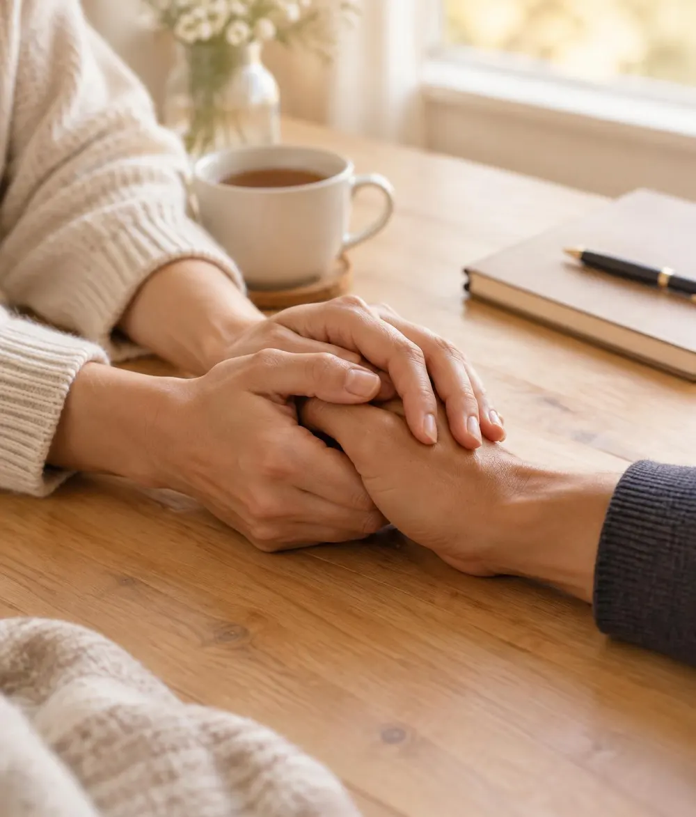 Mãos dadas sobre uma mesa, em gesto de acolhimento durante uma conversa